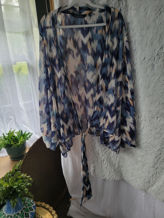 Colleen Lopez Tops - Colleen Lopez Navy,LightBlue and Cream Abstract Brushstroke Topper Front Tie